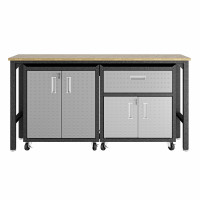 Manhattan Comfort 15GMC 3-Piece Fortress Mobile Space-Saving Steel Garage Cabinet and Worktable 2.0 in Grey